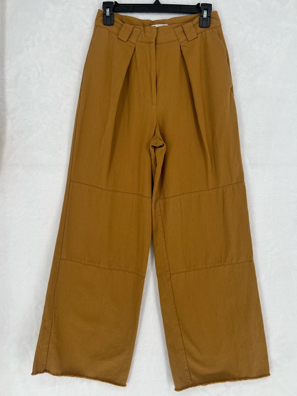 Top Shop Wide Leg Pleated High Waist Pants 100% Cotton Raw Hem Camel Color Sz 6